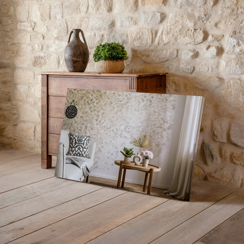 Toile, scène de salon scandinave douillette avec art mural beige clair orné d'un motif festonné texturé sur toile tendue