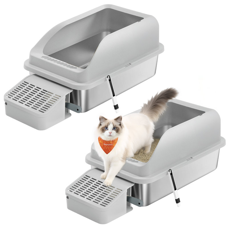 Paquet de 2 bacs à litière en acier inoxydable pour chat avec couvercle ouvert, bacs à litière haut de gamme avec marche, pelle, brosse, pour chats jusqu'à 33 lb