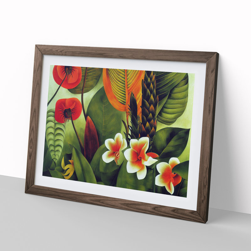 Artsy Tropical Flowers 1 Piece Single Picture Frame Wall Art, 46cm H x 64cm W, Walnut