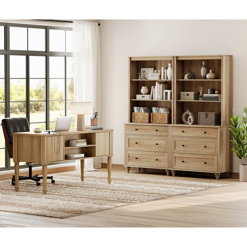 Ensemble de bureau 2 pièces, bureau double 56 po et ensemble de 2 bibliothèques avec tiroirs, Oak