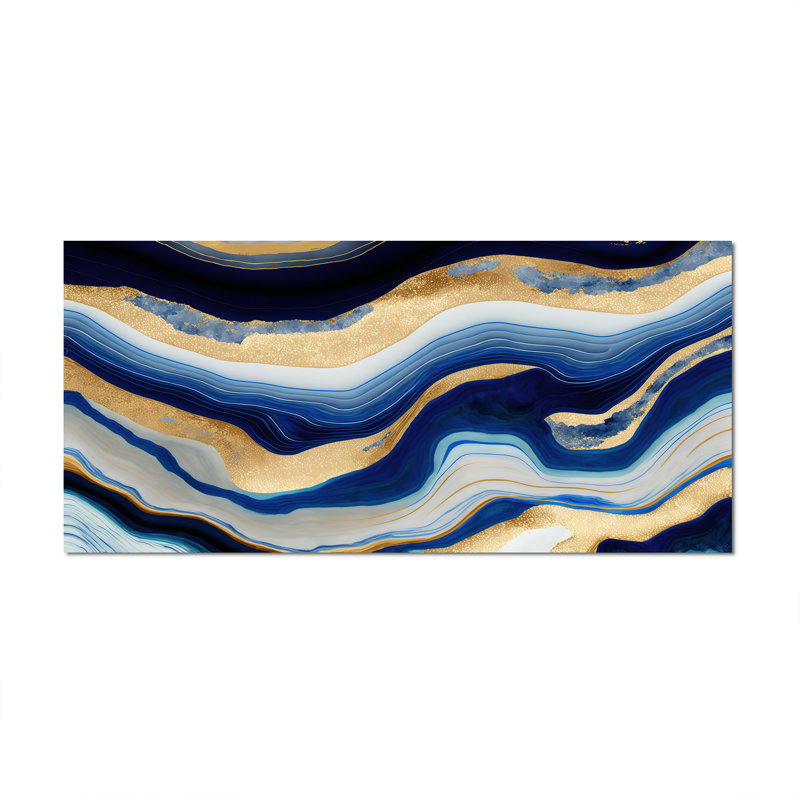 «Vibrant Blue and Gold Flow Art IV», peinture sur toile, Toile tendue, 28" H x 60" W