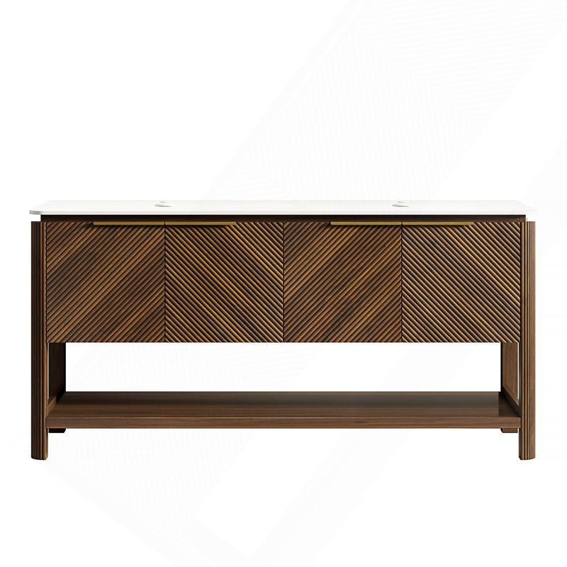 Armoire autoportante 60 po avec 4 portes et tablette ouverte, plateau en pierre frittée blanche, sans lavabo, sans robinet et bonde, noyer foncé
