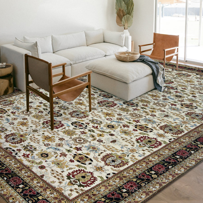Tapis ivoire et noir noué à la main de haute qualité