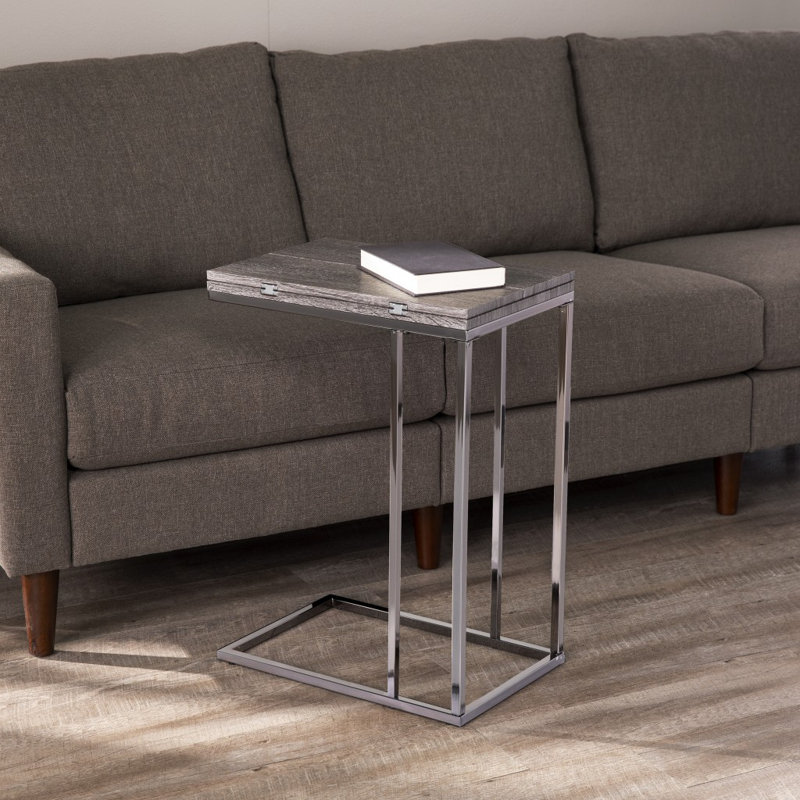  Table de bout contemporaine extensible en forme de C argentée et grise 25 po Contemporary
