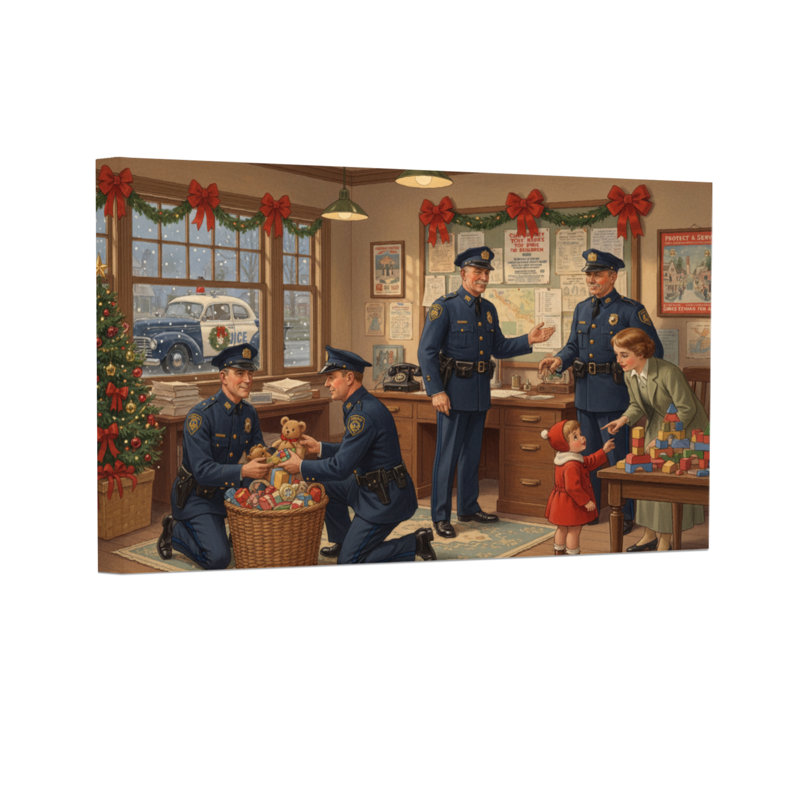 Scène du poste de police de Noël avec des agents et des enfants, H 24 po x l 36 po