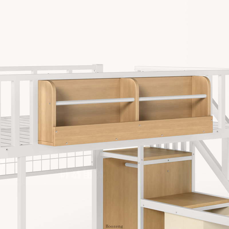 Lit mezzanine robuste en métal avec bureau, tiroirs et escalier de rangement, blanc