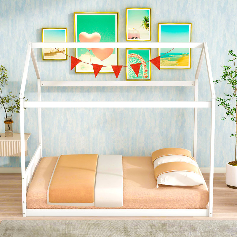 Grand lit maison en bois avec tête de lit, blanc, White
