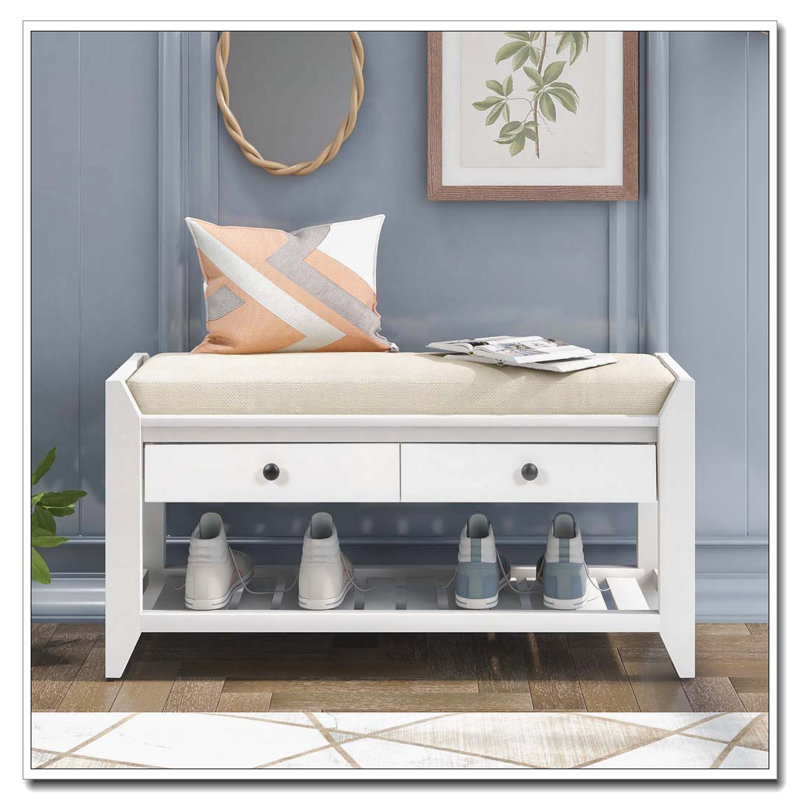 Banc à chaussures avec siège rembourré et tiroirs, Blanc