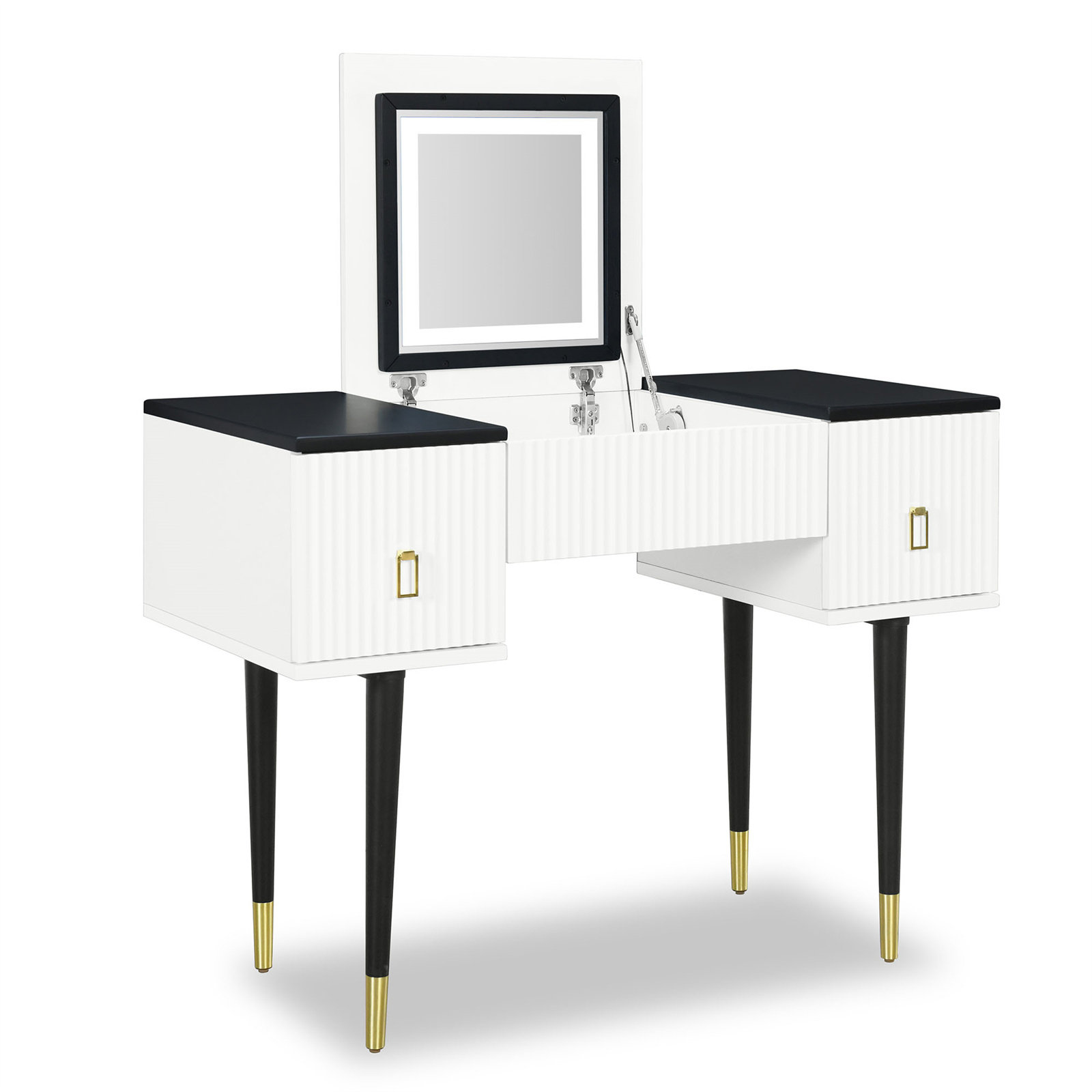 Everly Quinn Wood Makeup Vanity Table Set with LED Lighted Mirror