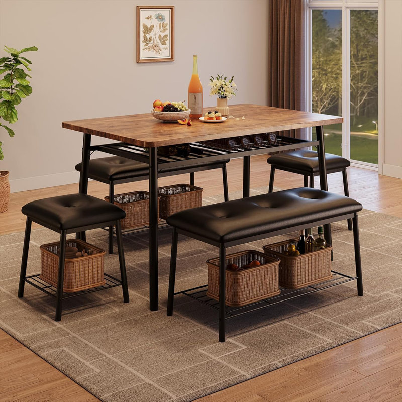 Ensemble de table de salle à manger 5 pièces, ensemble de table de salle à manger avec 2 bancs rembourrés et 2 tabourets carrés