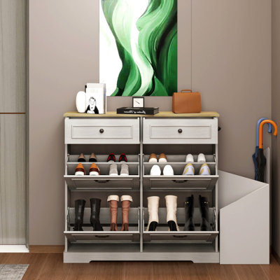 Range-chaussures avec 2 tiroirs, 4 tiroirs rabattables, range-chaussures autoportant avec tablette réglable, range-chaussures pour vestibule, vestibule, range-chaussures mince - blanc antique