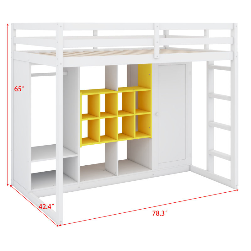 Lit mezzanine en bois avec garde-robe, tablettes et armoire, Lit simple, Blanc / jaune 