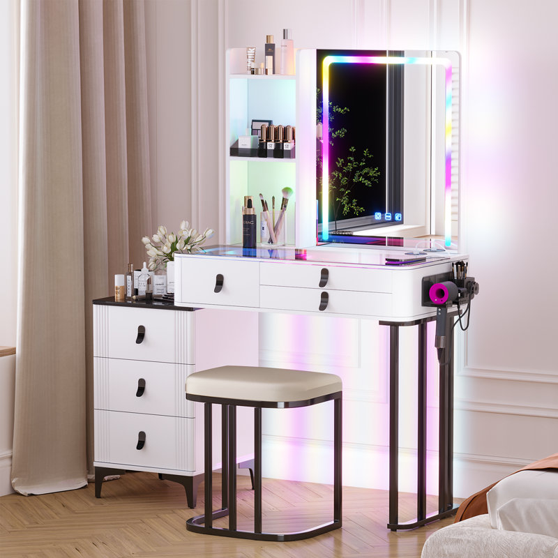 Vanity Set with Human Sensor RGB Lights, Glass Top and Quick-Charging Station, White