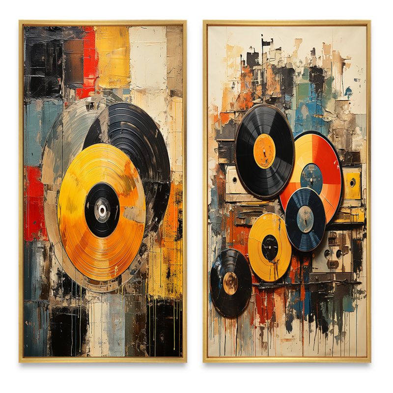 «Colorful Retro Vinyle», 2 pièces, H 32 po x l 32 po, Encadrement doré