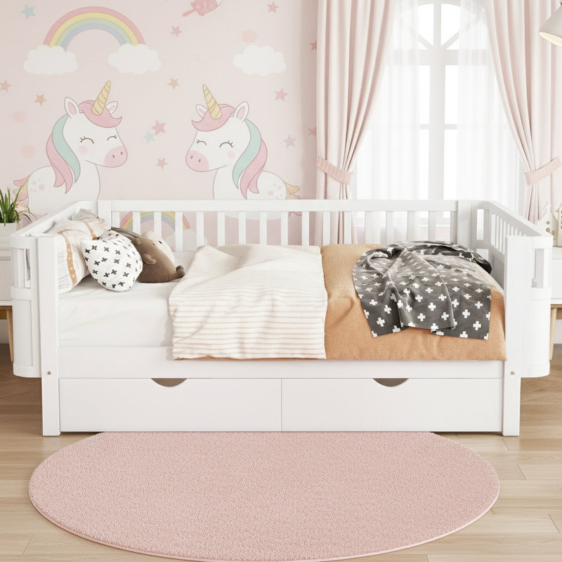 Full Size Wood Platform Bed For Kids, Wood Low Profile Full Bed With Rails For Girls And Boys, White, Full, White
