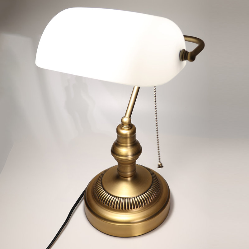 Kandace Antique Vintage Bronze Sleek White Glass Shade Bankers Table Lamp With Pull Switch For Living Room, White