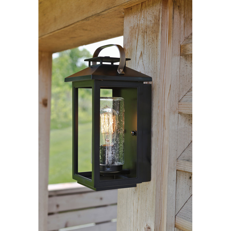 Atwater Seeded Glass Outdoor Wall Lantern, 17.5" H x 8.3" W x 8.8" D, Black, Black