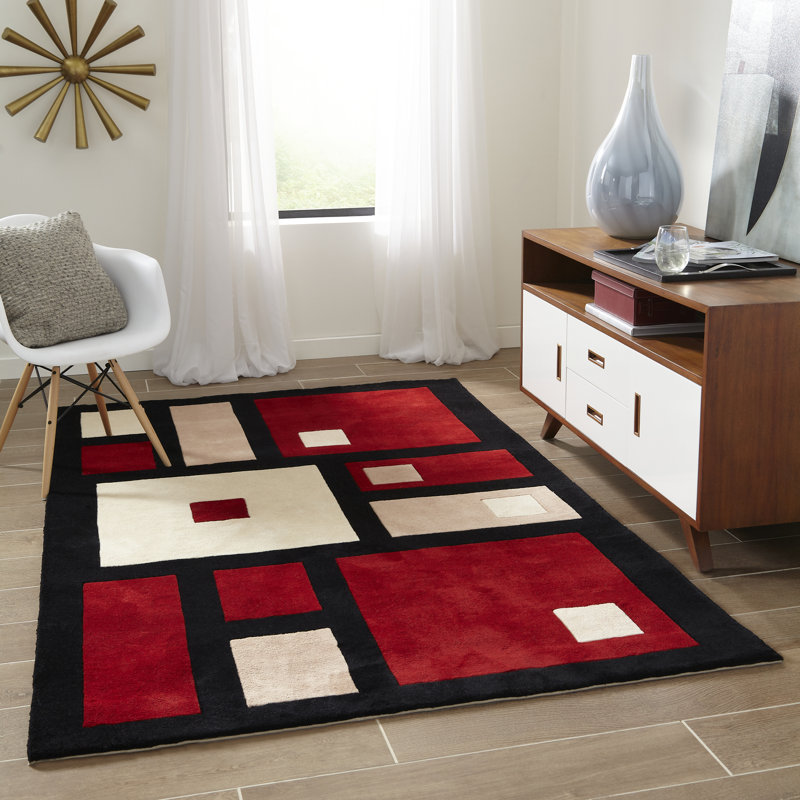 Tapis noir / rouge en laine touffeté à la main Ayano, Rectangle 9 pi 6 po x 13 pi 6 po