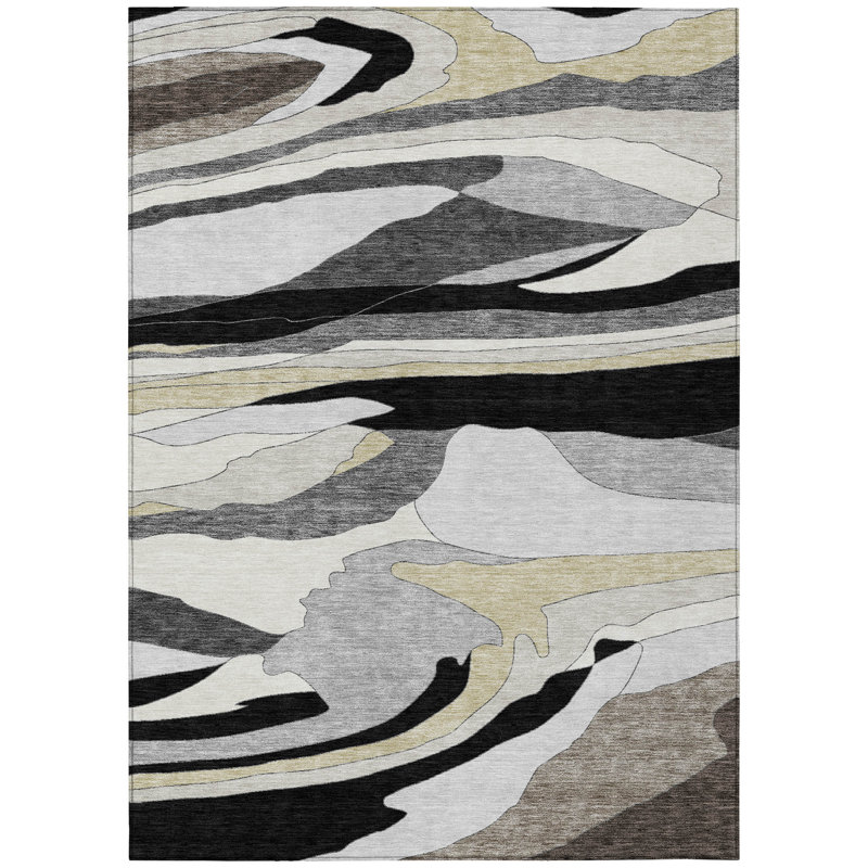 Machine Washable Indoor/Outdoor Chantille ACN2777 Abstract Rug, 3' x 5', Black