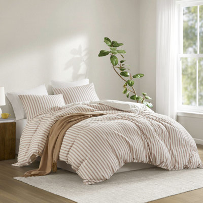 Couette 3 pièces pour lit Queen, en tissu naturel, douce et agréable au toucher, motif à rayures intemporel, confort optimal, indice de chaleur 100, lavable à la machine, en lin et coton doux et respirant, rayures teintes dans la masse, pour un sommeil douillet.