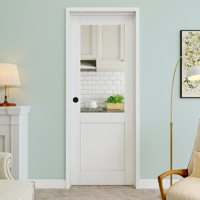 Porte intérieure pré-suspendue en verre transparent 30 po x 80 po avec bouton rond et charnières argentées, dalle de verre transparent à peindre et imperméable, combinaison pour la lessive, portes de placard, portes de pièce, droite
