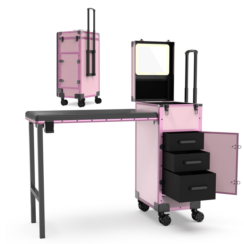 Table de manucure roulante portable avec tringle, tiroirs, miroir et organisateur de vernis à ongles, trousse de maquillage verrouillable avec bureau à clous pliable