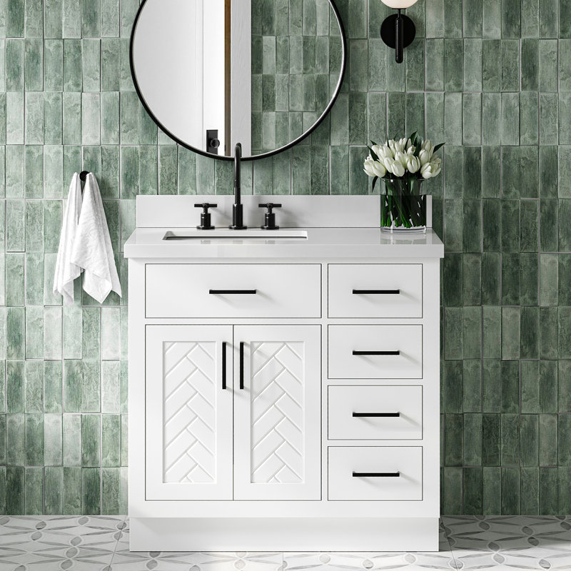 Ensemble de meuble-lavabo rectangulaire rectangulaire gauche 37 po avec comptoir en quartz blanc pur Chevron, Rectangulaire