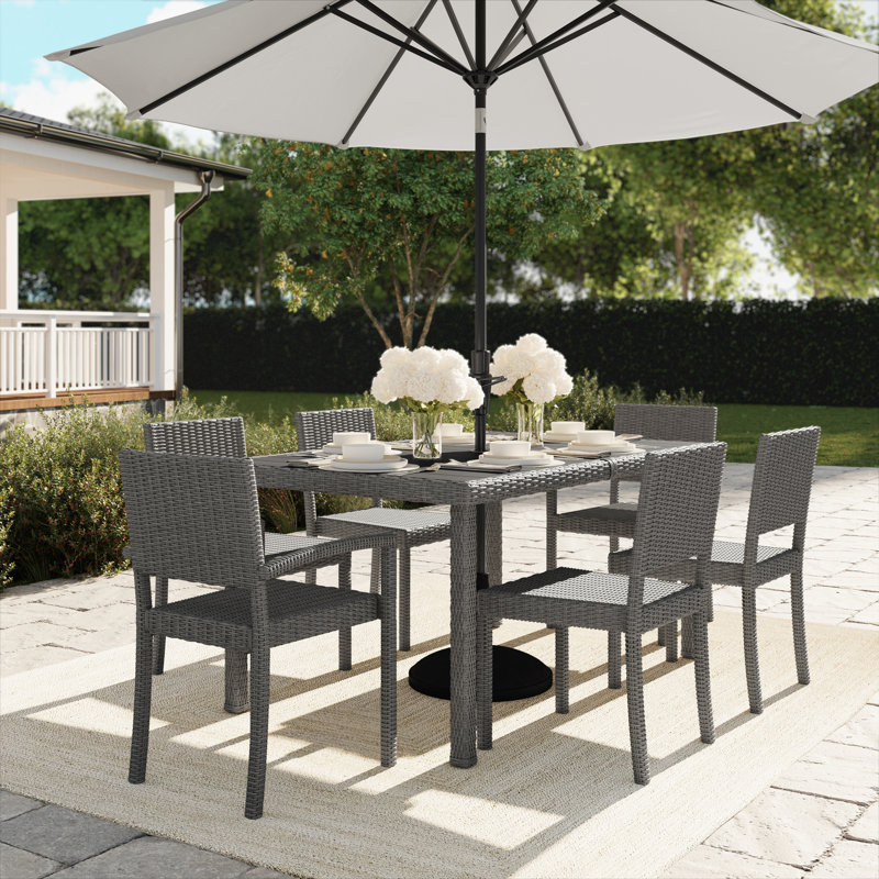Gray Engineered Wood Top 7-Piece Dining Set with Rattan Wicker Chairs