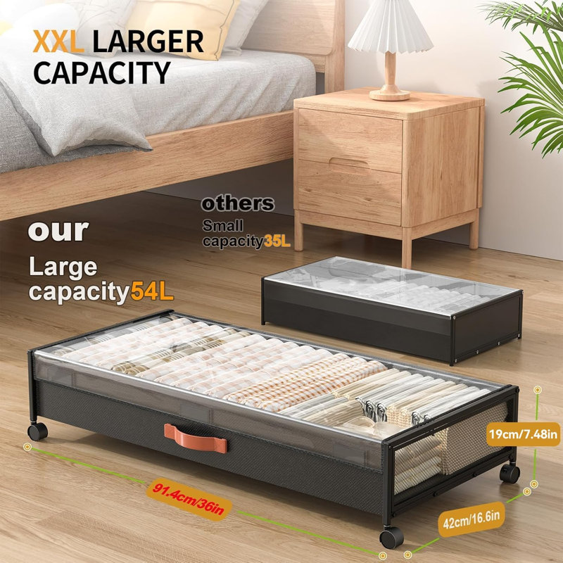 Under Bed Storage Containers With Wheels Large Underbed Shoes Blankets Clothes Toy Storage Drawers For College Dorms Bedrooms Nursery Rooms Organization (Black 2 Pack, 7.5In Height(36"X16.6"X7.48"))