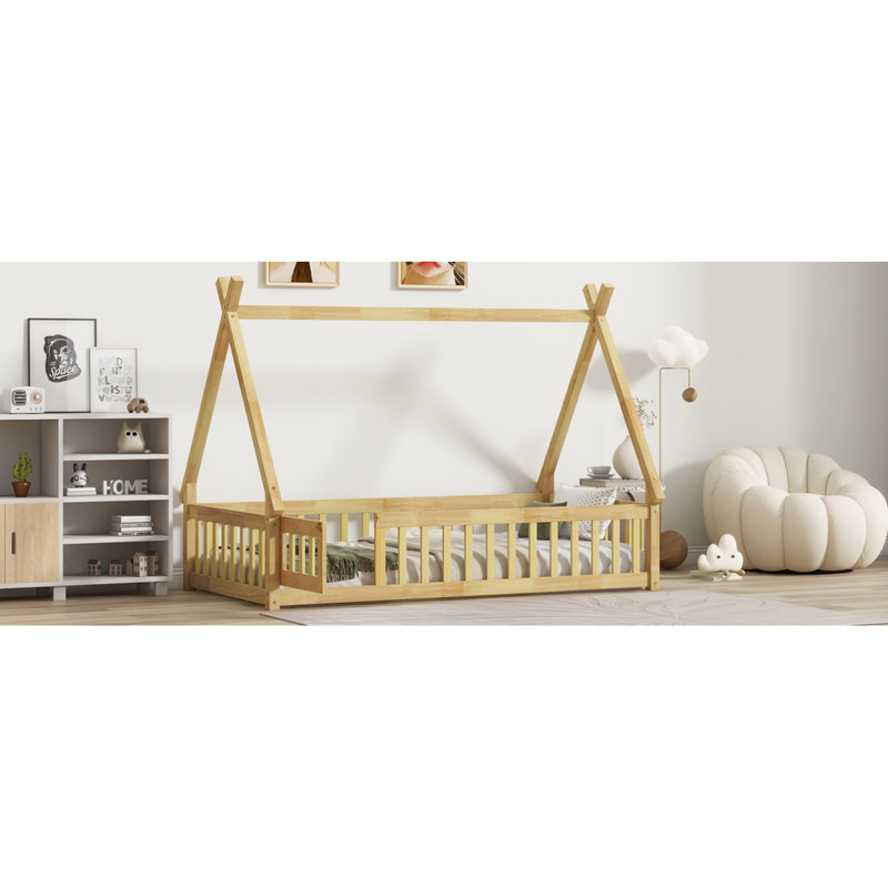 Lit simple en forme de tente, lit avec garde-corps, lattes et porte, naturel, Naturel, Lit simple