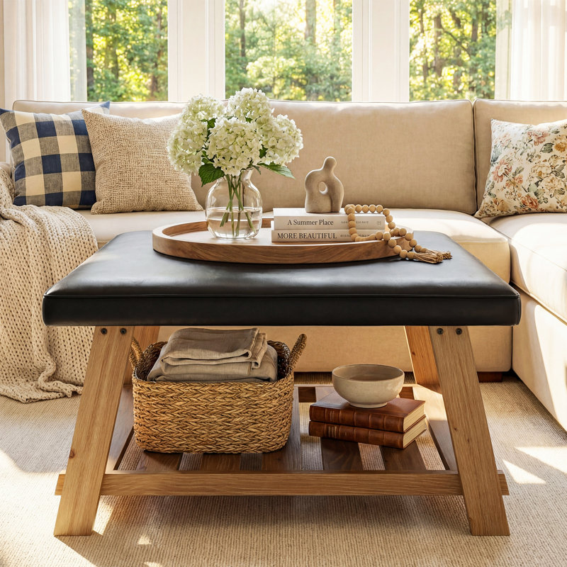 31.5-Inch Square Ottoman Coffee Table With Solid Wood Shelf Storage