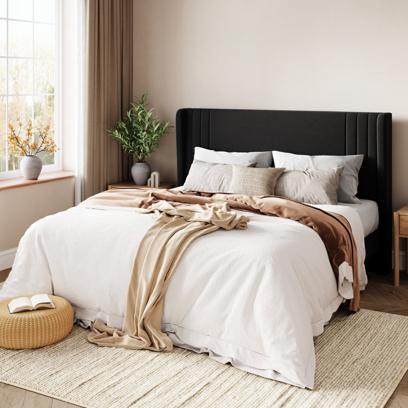 Low-Profile Velvet Upholstered Platform Bed with Wingbacks, Black, Queen