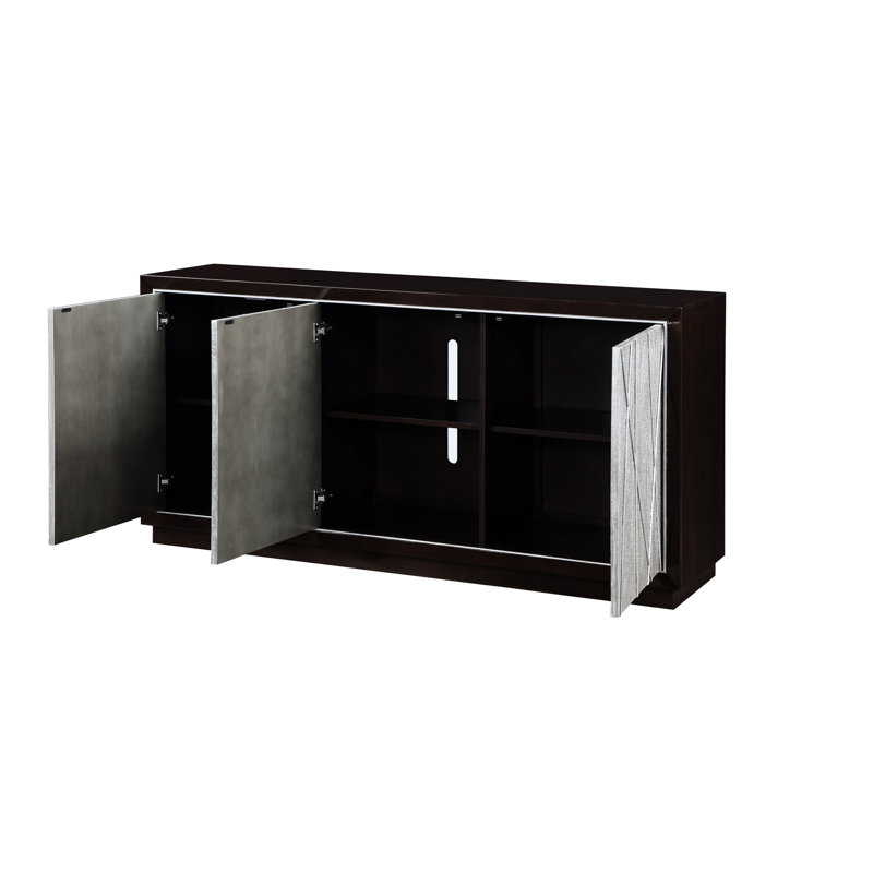 Armoire console à finition argent métallique avec détails en noyer et tablette centrale à cadre magnétique en bois foncé