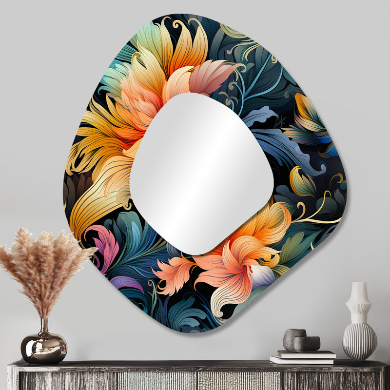 Boho Damask Summer Tropical Dreams - miroir mural unique à motif floral, miroir asymétrique Cottage, 35 po x 31 po