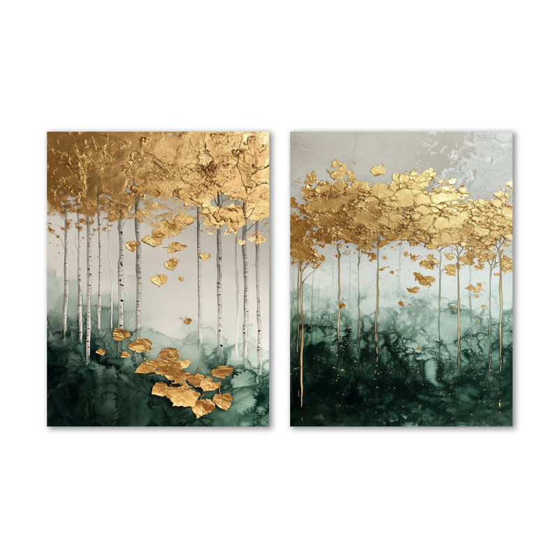 Ligne élégante Forêt dorée - Impressions sur toile en 2 pièces forêt, 32" H x 48" W, Wrapped Canvas
