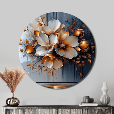 Fleur transitionnelle dorée abstraite II - art mural rond floral abstrait