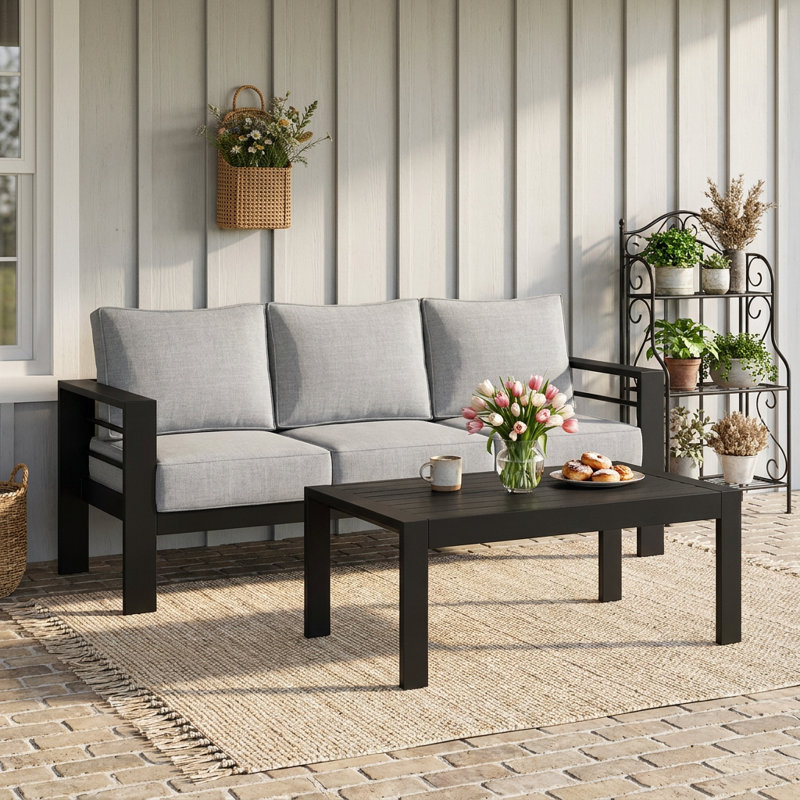 3-Person All Aluminum Outdoor Conversation Set With Cushions, Gray, 2 Pcs: Coffee Table, Sofa, Black