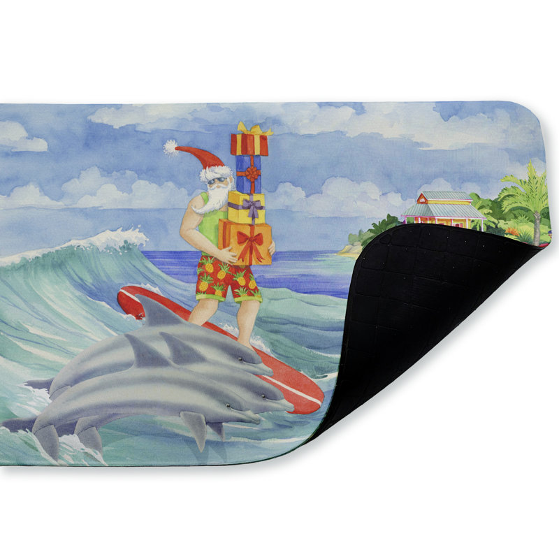 Tapis de sol anti-fatigue Surfing Santa & Dolphins, design par Paul Brent, 30 po x 18 po