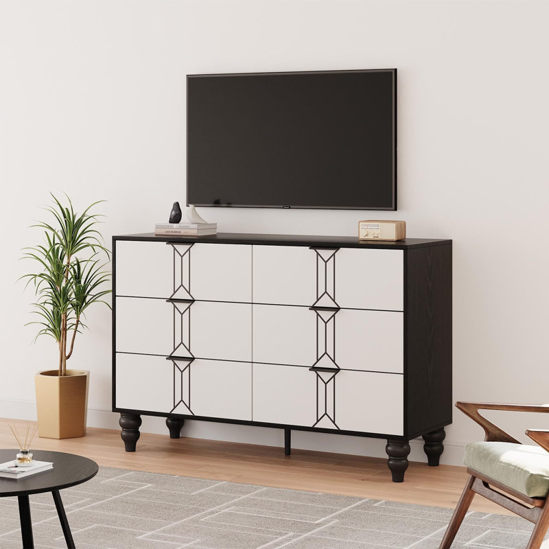 Modern Wooden 6 Drawer Dresser with Vintage Pattern Design, Chest Dresser with Deep Drawers for Bedroom, Living Room and Entryway