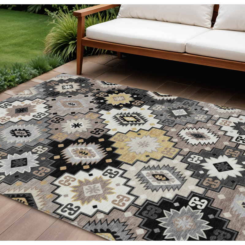 Tapis intérieur / extérieur lavable noir et gris 10 pi x 14 pi Southwestern