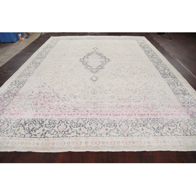 Tapis décoratif en laine noué à la main de conception unique 1960s Ivoire/gris de 9 pi 11 po x 12 pi 7 po