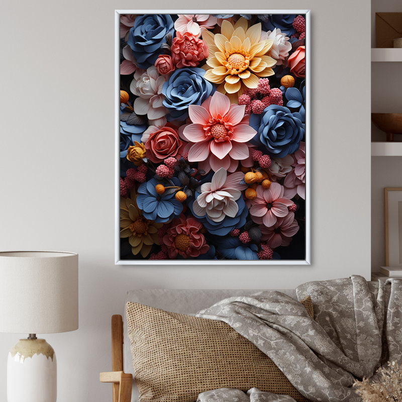 Rose, bleu, Wilflowers Dream I, Cadre flottant blanc, H 40 po x l 30 po x P 1,5 po