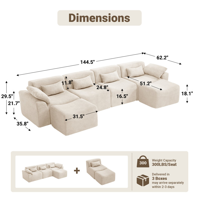 Segal 6 Piece  U Shape Sectional Sofa Soft Chenille Cloud Upholstered 144.5" Oversized Compression Modular, No Assembly Required