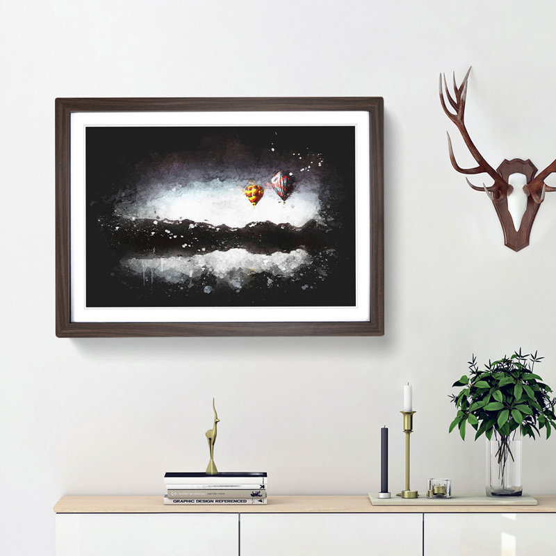 Hot Air Balloons Above A Lake - Single Picture Frame Print on MDF, 33cm H x 45cm W x 2cm D, Walnut Framed