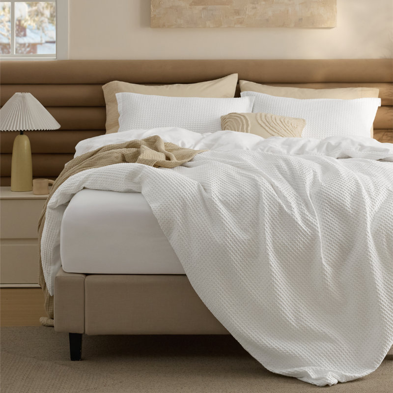  Bedsure 100% Cotton Duvet Cover King Size with Fitted Sheet - Waffle Weave Bedding Set （Set of 4）, White