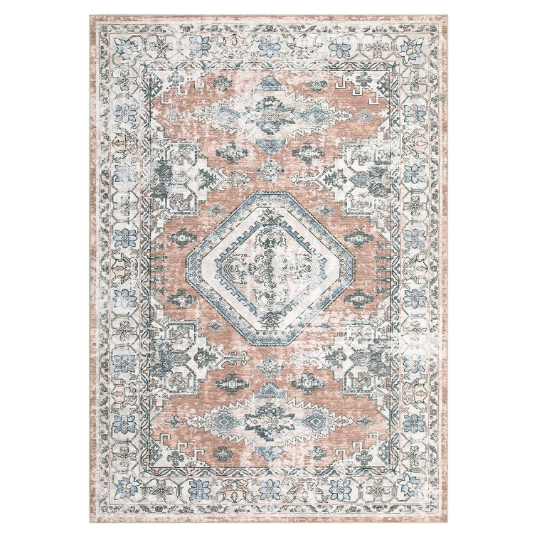 Boho Traditional Medallion Distressed Design Living Room Rugs Soft Rug for Bedroom Washable Stain Resistant Area Rug Indoor Easy Care Low Pile Non Slip Throw Carpet Home Decor Rug