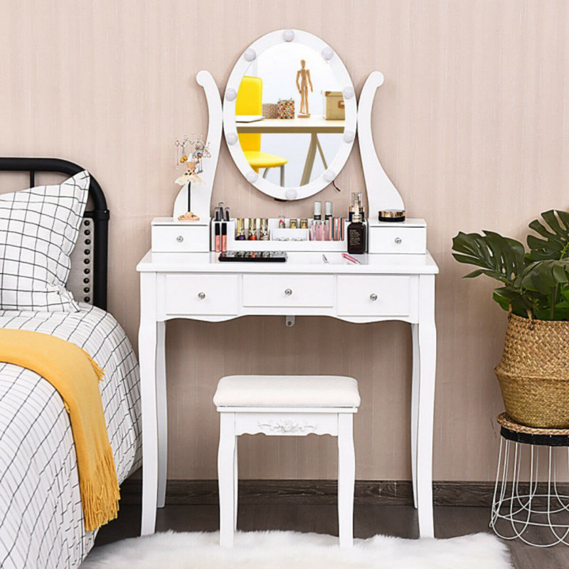 Ensemble de coiffeuse 10 lumières à intensité variable avec miroir lumineux et tabouret rembourré