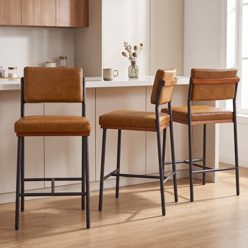 Faux Leather Bar Stools Set of 3,26 Inch Modern Counter Height Bar Stools for Kitchen Island,Counter Stools with Wide Back Sturdy Metal Legs,Brown