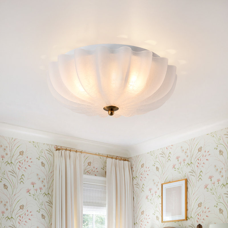 French 3-Light Scalloped Crackle Frosted Glass Floral Semi Flush
