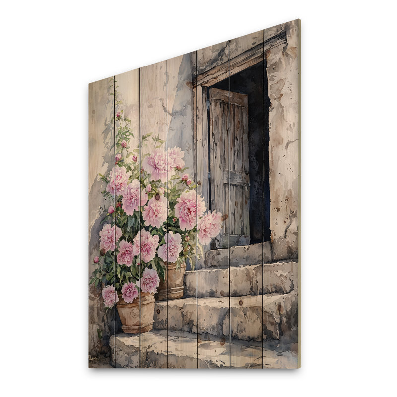 Peonies By The Milking Barn IV - Peonies Wood Wall Art - On Natural Pine Wood, 44" H x 34" W x 0.78" D